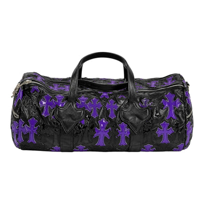 OFFCODE.USA Chrome Hearts black leather duffle bag featuring purple cross patches and sterling silver hardware.