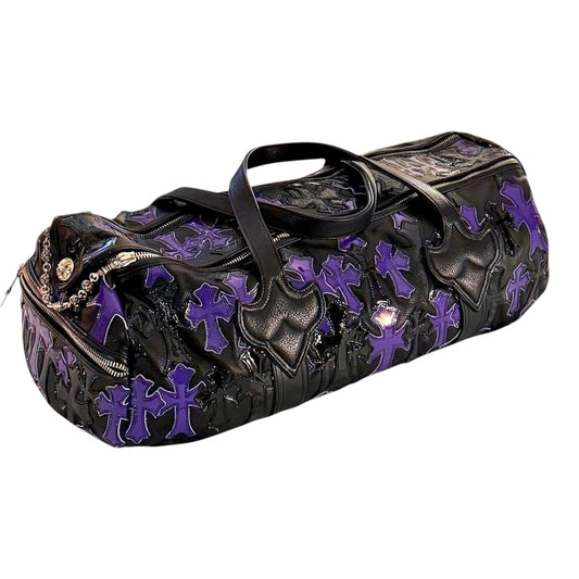 Chrome Hearts Black Leather Purple Cross Patch Duffle Bag, front view