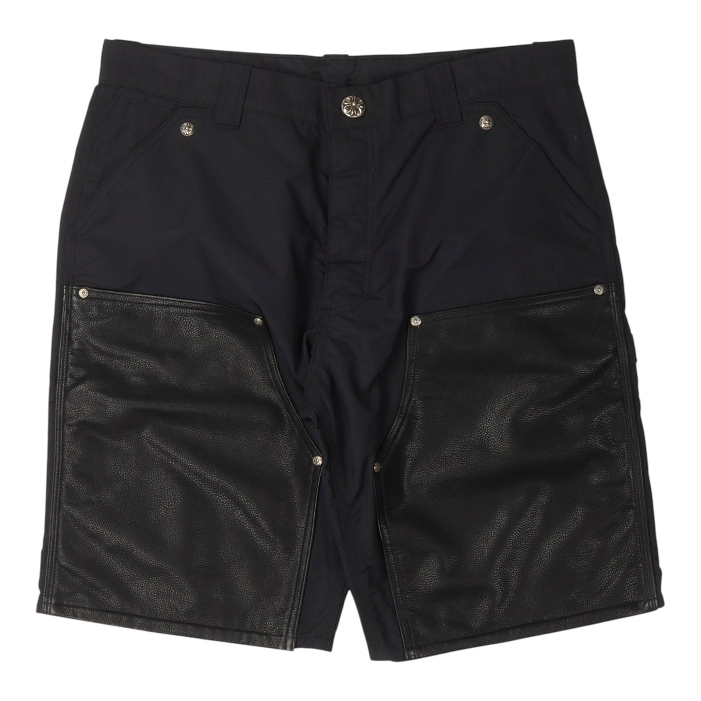 OFFCODE.USA Chrome Hearts black nylon carpenter shorts featuring leather double knee panels and silver hardware.