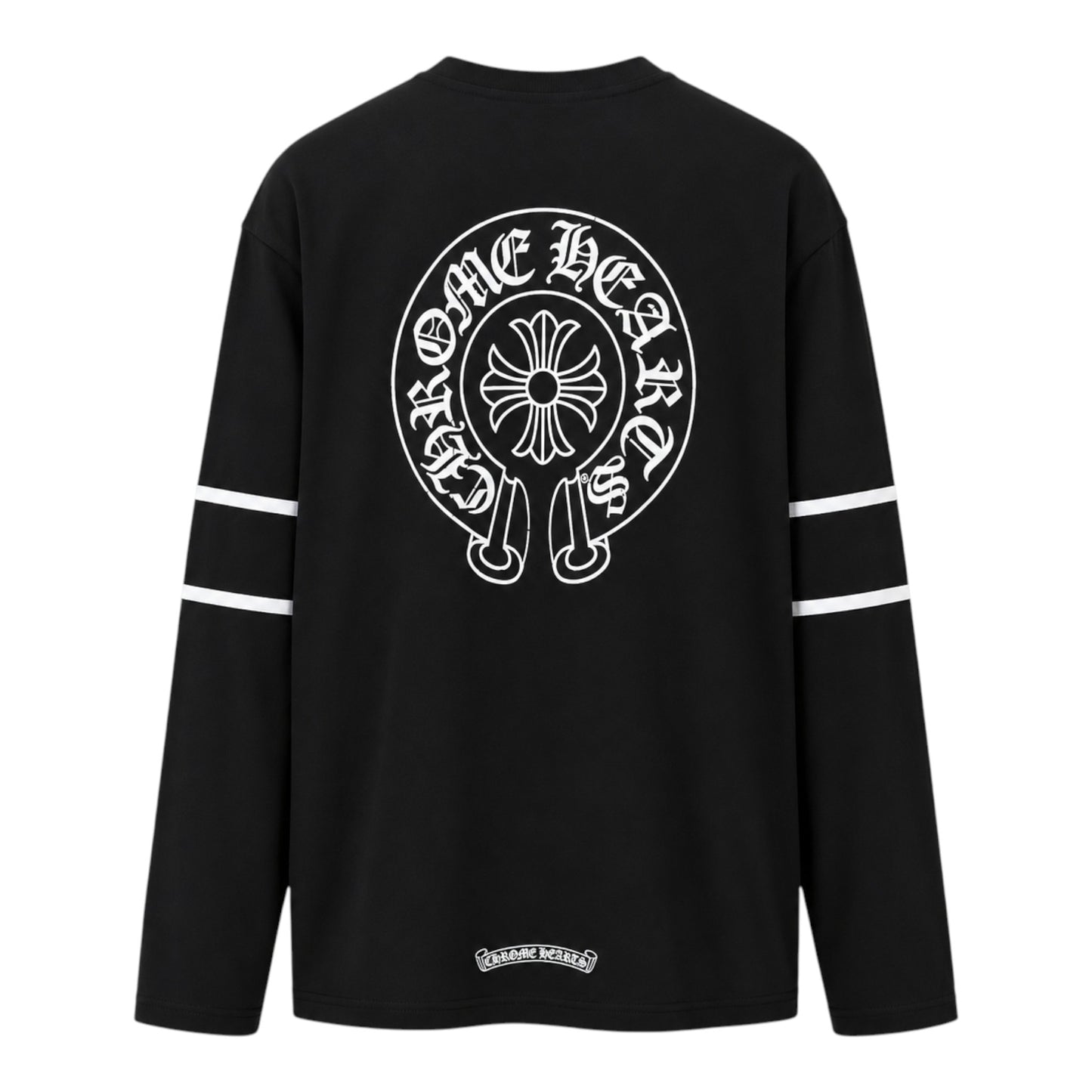 OFFCODE.USA black long sleeve t-shirt featuring a white Chrome Hearts horseshoe logo on the back and striped sleeves.