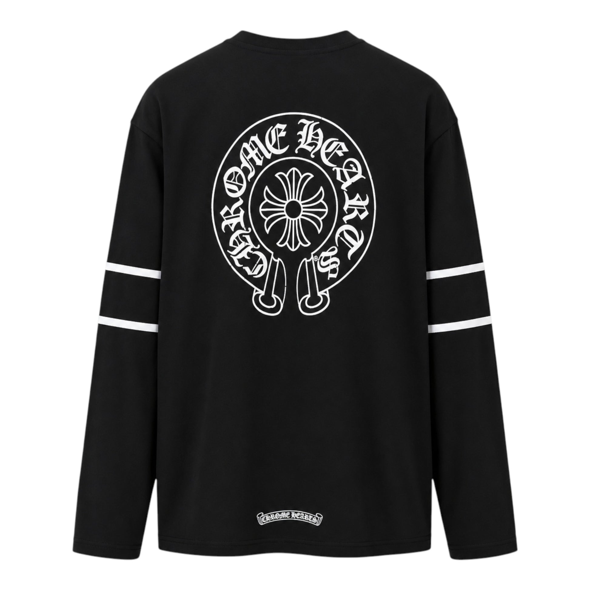 OFFCODE.USA black long sleeve t-shirt featuring a white Chrome Hearts horseshoe logo on the back and striped sleeves.