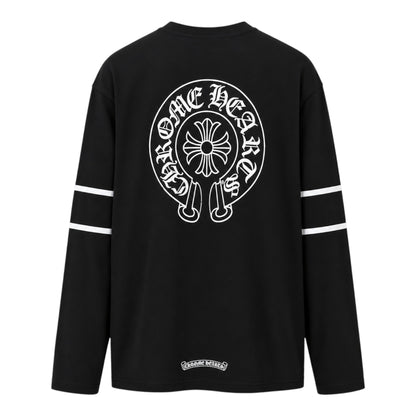 OFFCODE.USA black long sleeve t-shirt featuring a white Chrome Hearts horseshoe logo on the back and striped sleeves.