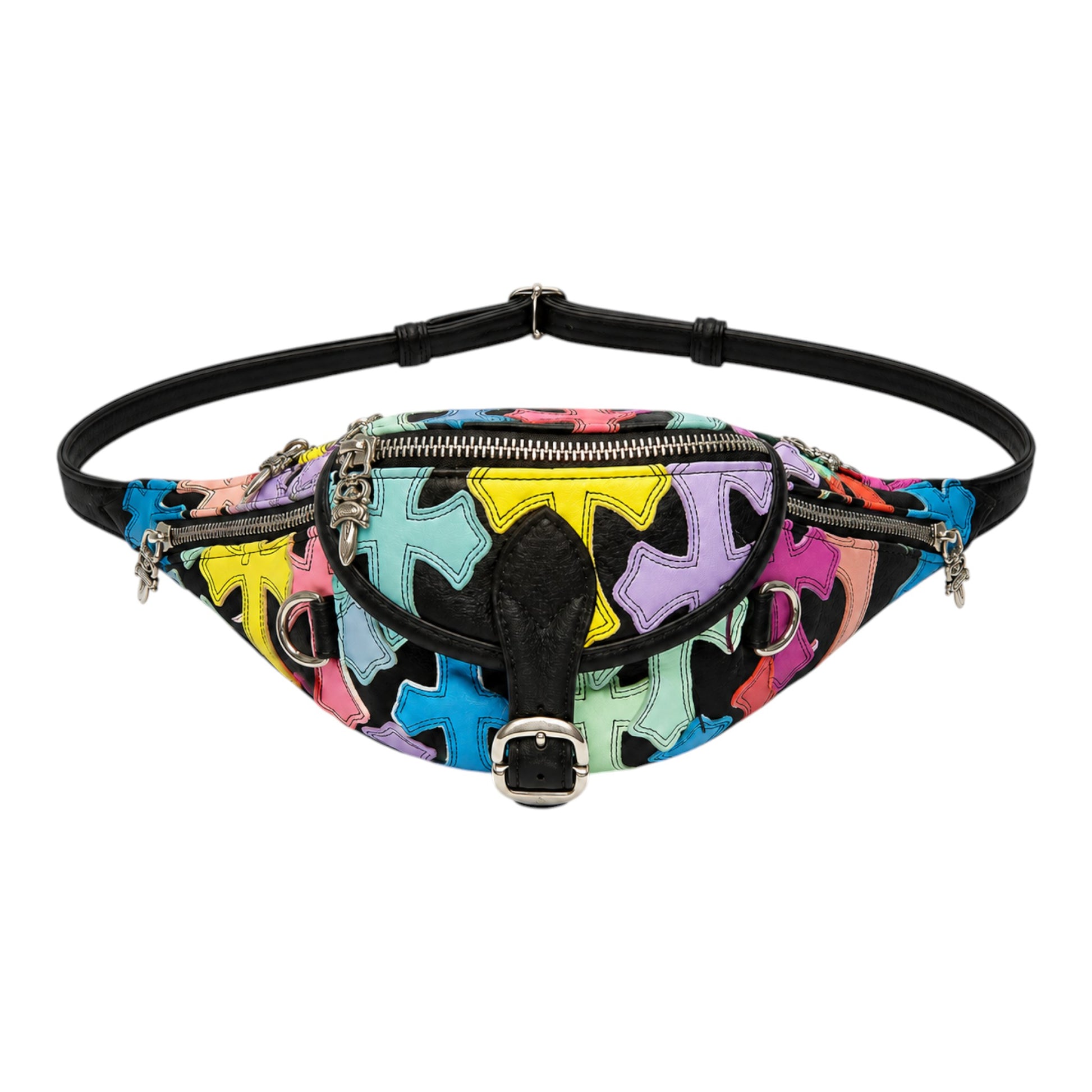 OFFCODE.USA Chrome Hearts Snat Pack bag featuring multicolor leather cross patches and silver hardware details.