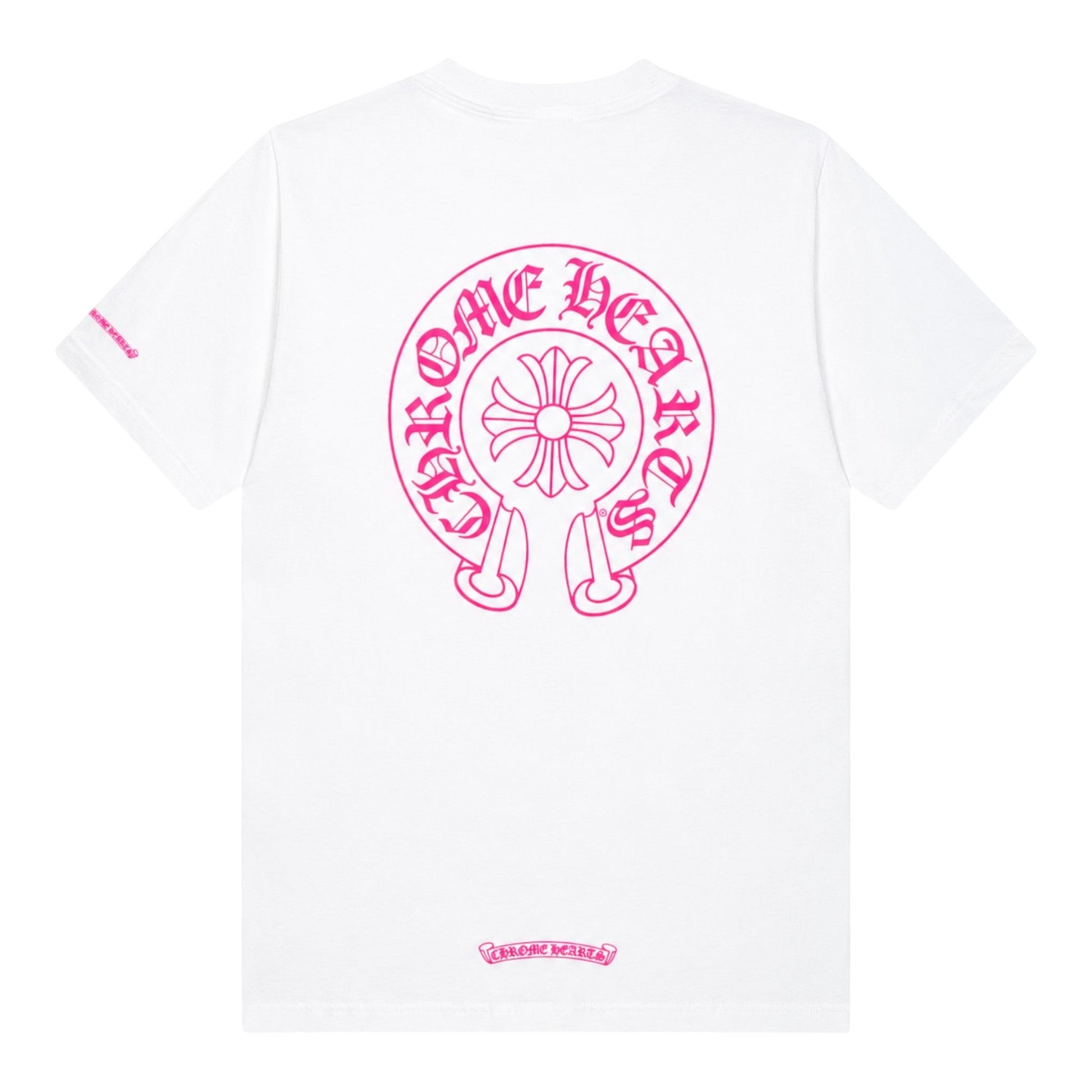 OFFCODE.USA white Chrome Hearts t-shirt featuring a large pink horseshoe logo on the back and small sleeve detail.