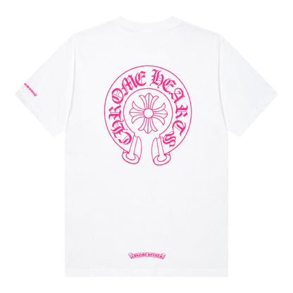 OFFCODE.USA white Chrome Hearts t-shirt featuring a large pink horseshoe logo on the back and small sleeve detail.