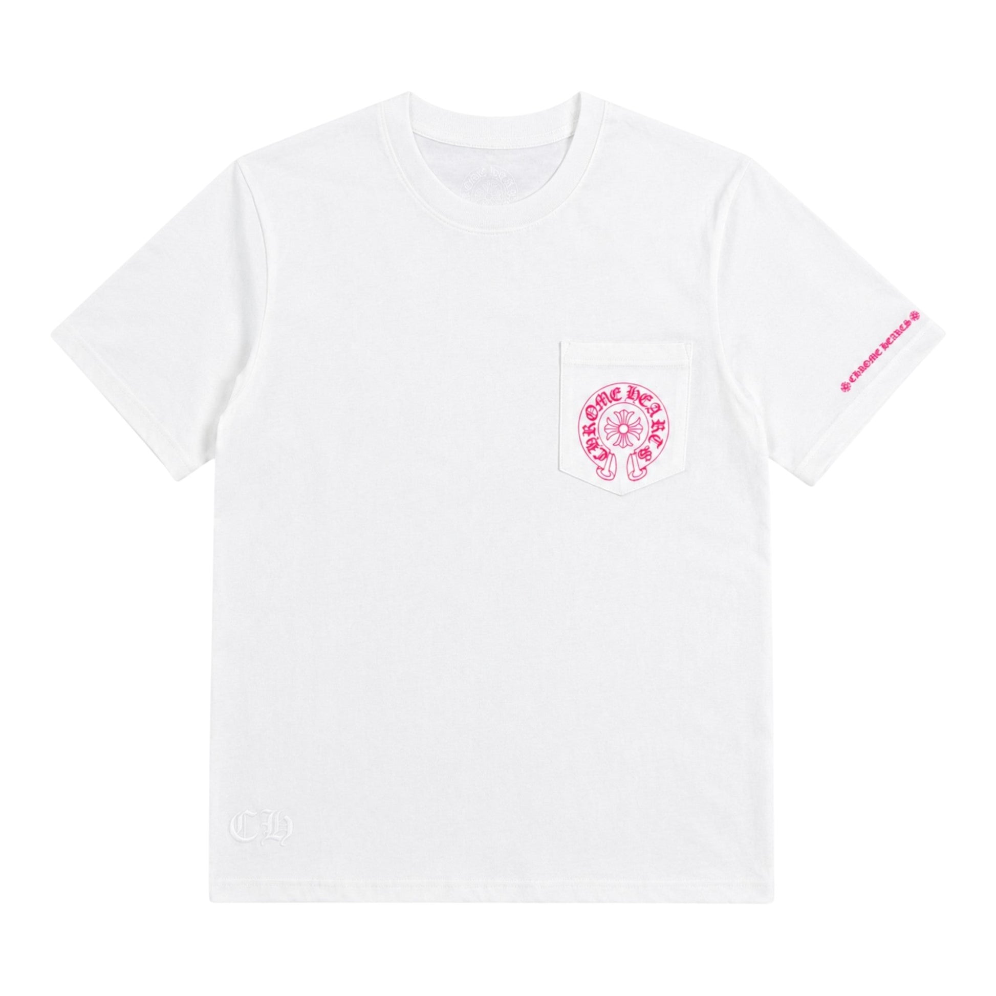 OFFCODE.USA white cotton t-shirt featuring a pink Chrome Hearts horseshoe logo on the chest pocket and sleeve