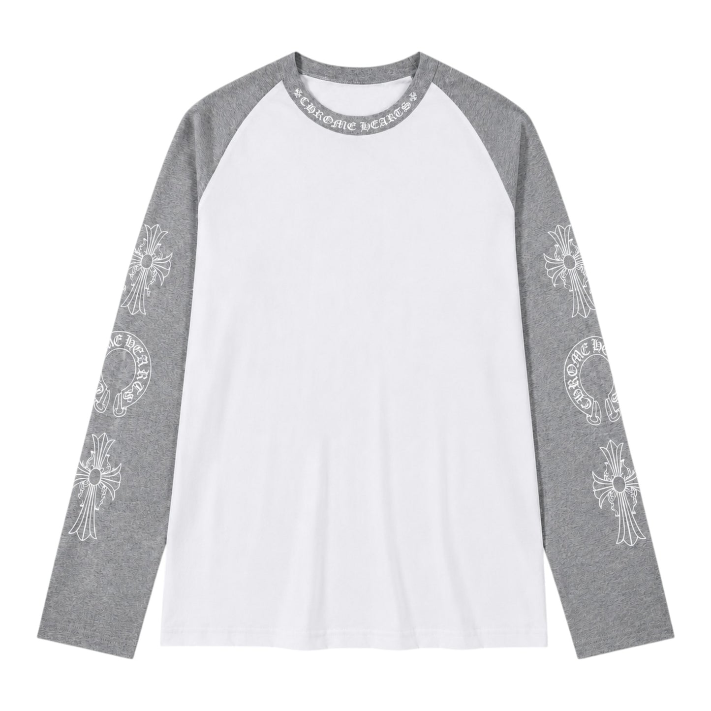 OFFCODE.USA Chrome Hearts raglan long sleeve t-shirt with white body, grey sleeves, and gothic cross sleeve prints.