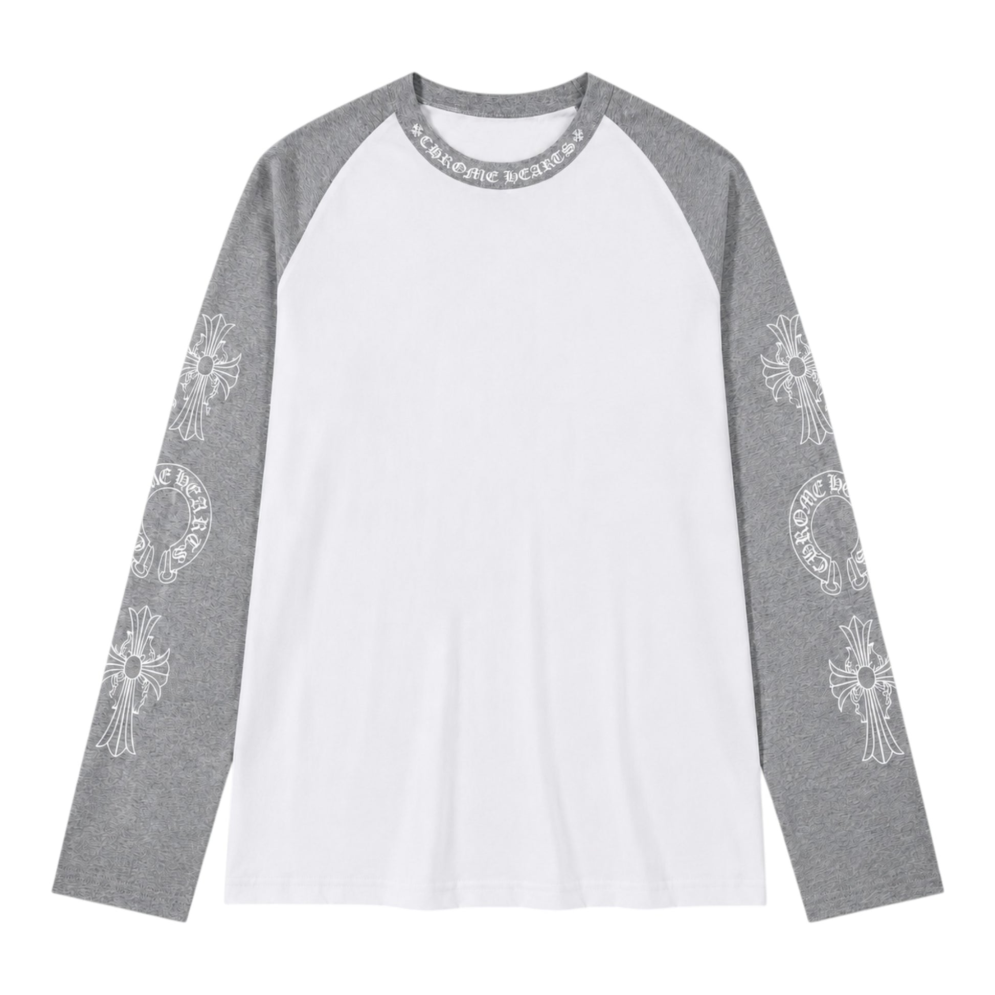 OFFCODE.USA Chrome Hearts raglan long sleeve t-shirt with white body, grey sleeves, and gothic cross sleeve prints.