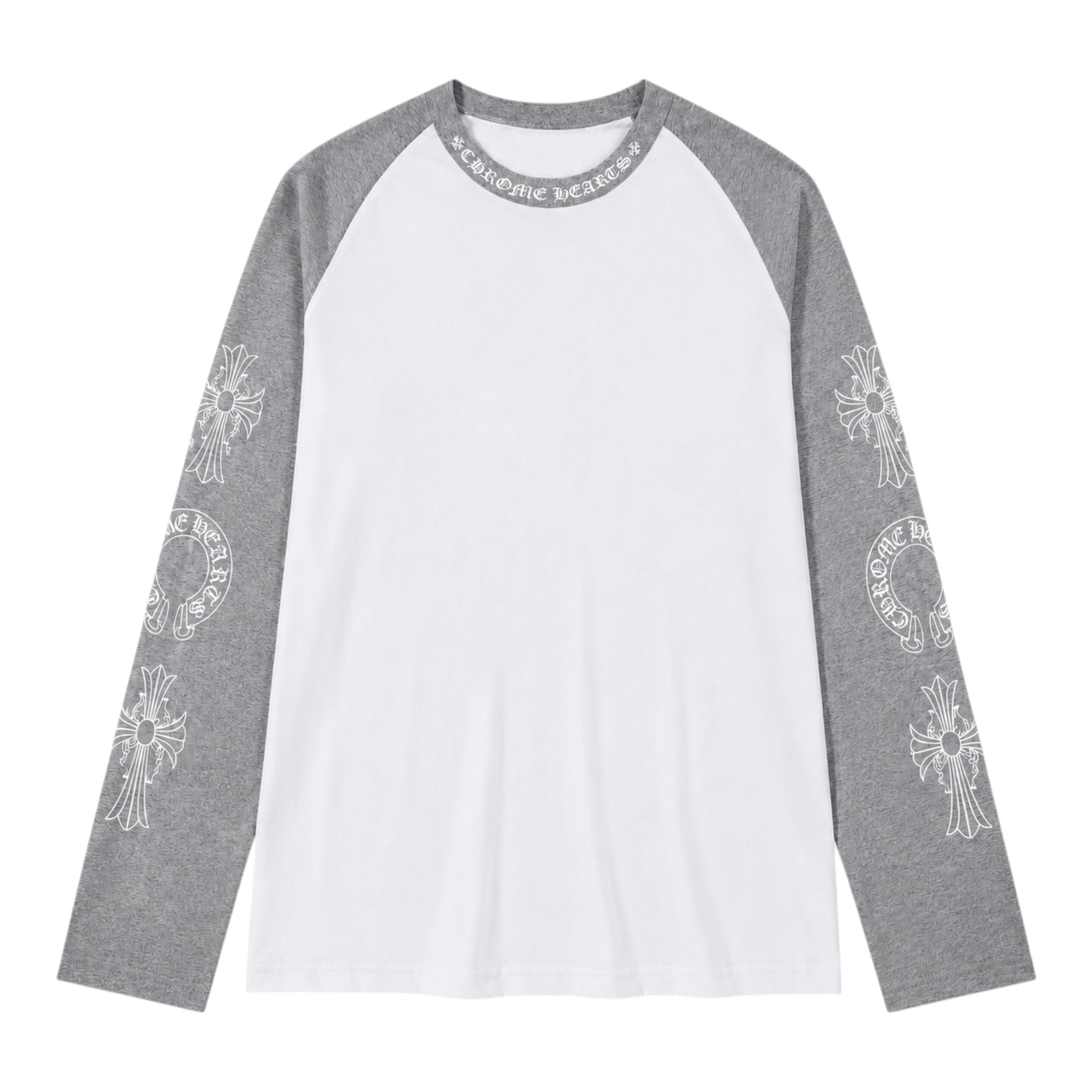 OFFCODE.USA Chrome Hearts raglan long sleeve t-shirt with white body, grey sleeves, and gothic cross sleeve prints.