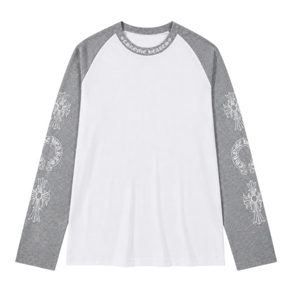 OFFCODE.USA Chrome Hearts raglan long sleeve t-shirt with white body, grey sleeves, and gothic cross sleeve prints.