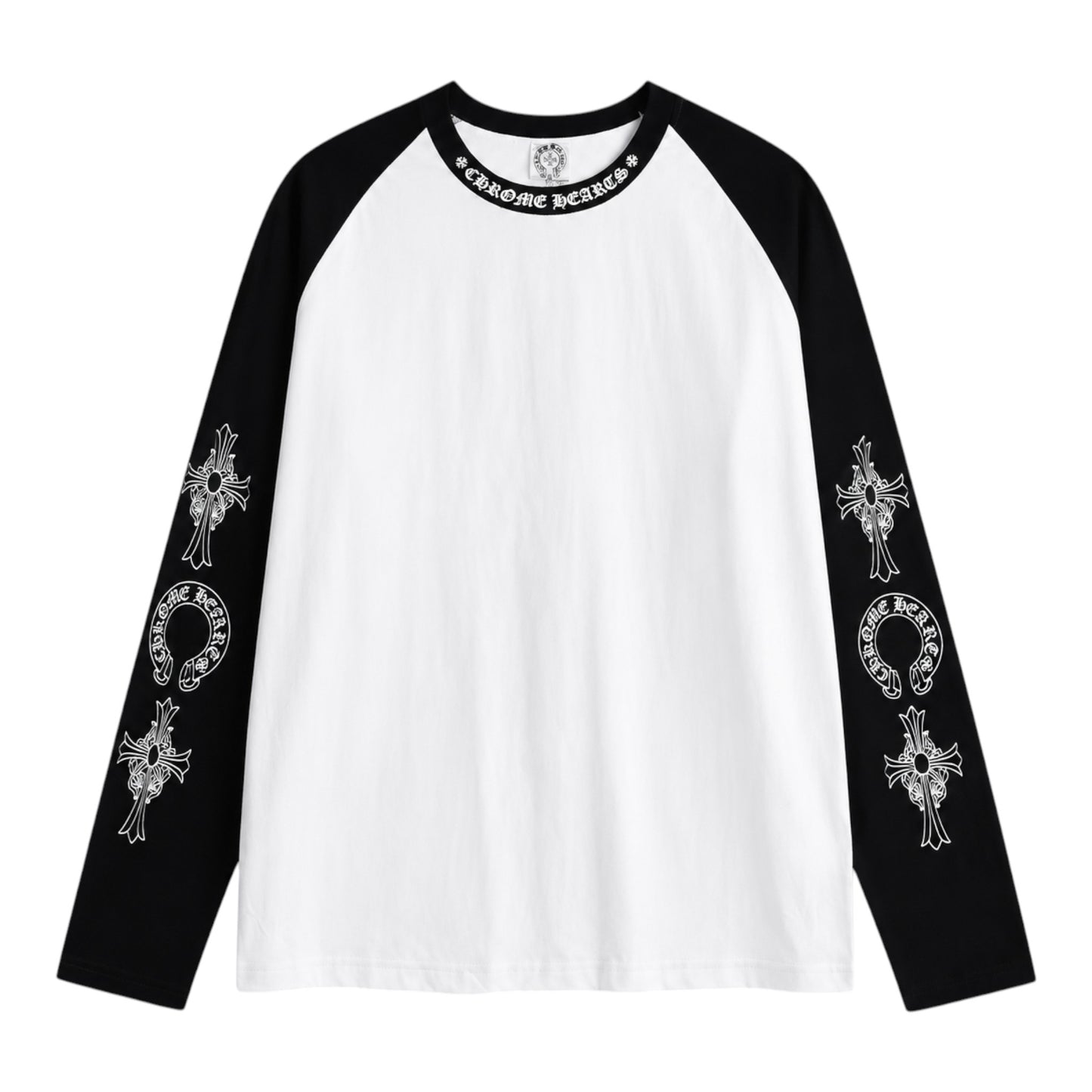 OFFCODE.USA Chrome Hearts raglan long sleeve t-shirt with white body, black sleeves, and gothic cross sleeve graphics.