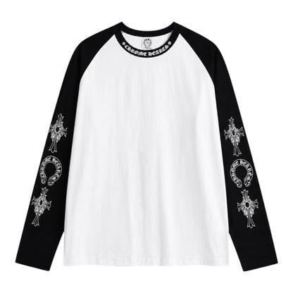 OFFCODE.USA Chrome Hearts raglan long sleeve t-shirt with white body, black sleeves, and gothic cross sleeve graphics.