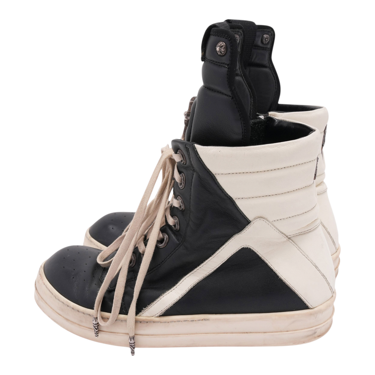 OFFCODE.USA Chrome Hearts Rick Owens Geobasket high-top sneakers in black and white leather with silver cross hardware.