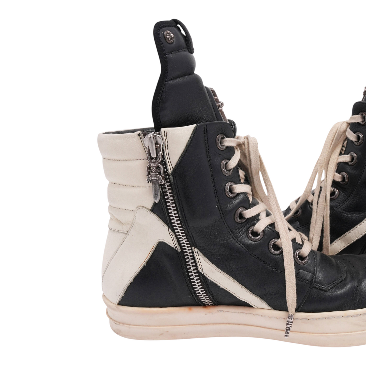 OFFCODE.USA Chrome Hearts x Rick Owens Geobasket high-top sneakers in black and white leather with silver cross hardware