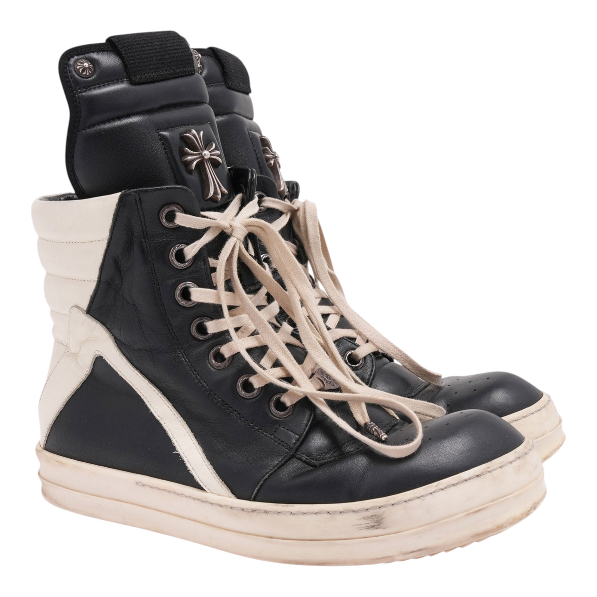OFFCODE.USA Chrome Hearts x Rick Owens Geobasket high-top sneakers in black leather with silver cross hardware.
