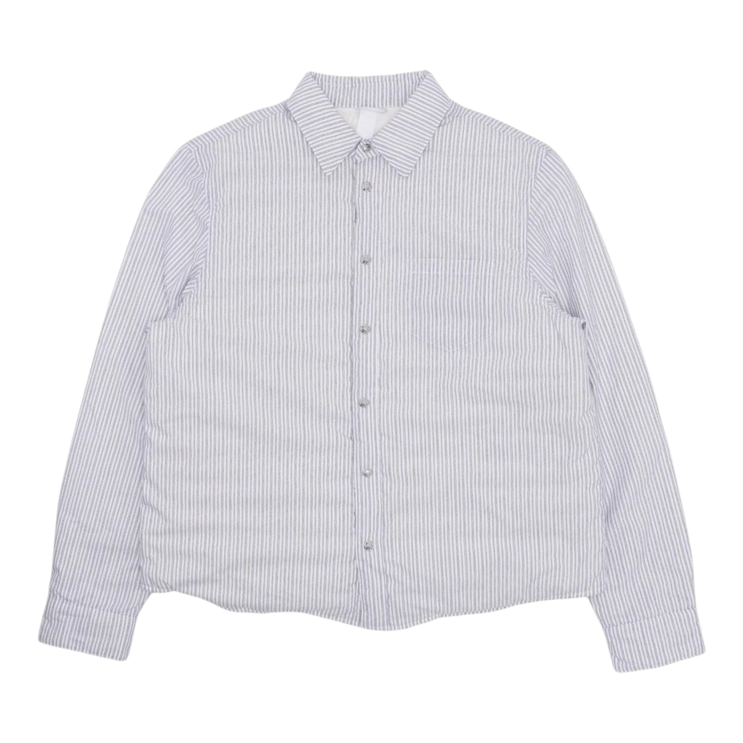 OFFCODE.USA Chrome Hearts white and blue striped insulated shirt jacket with button-down front and chest pocket.