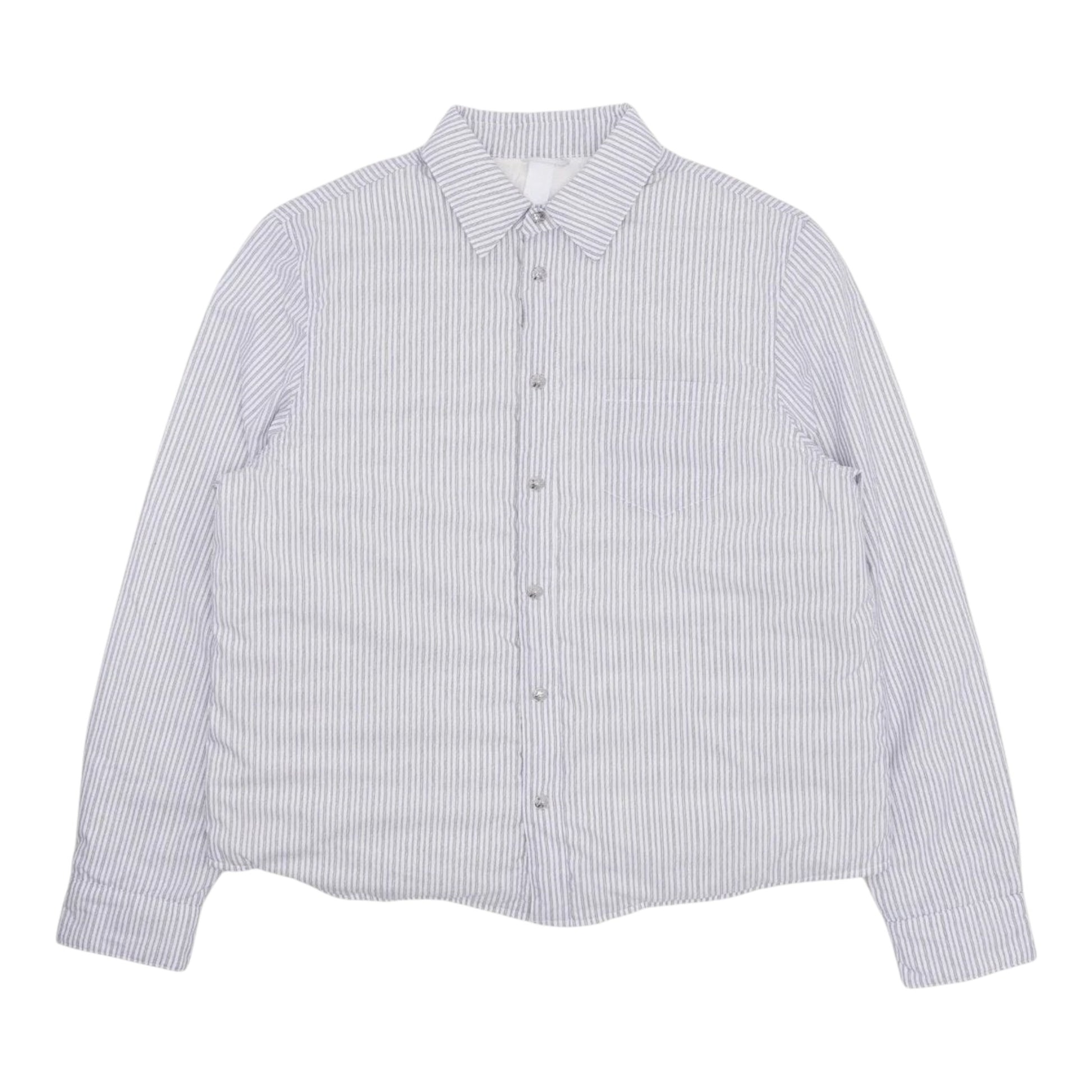 OFFCODE.USA Chrome Hearts white and blue striped insulated shirt jacket with button-down front and chest pocket.