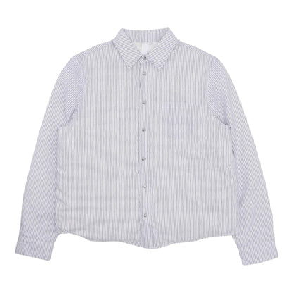 OFFCODE.USA Chrome Hearts white and blue striped insulated shirt jacket with button-down front and chest pocket.
