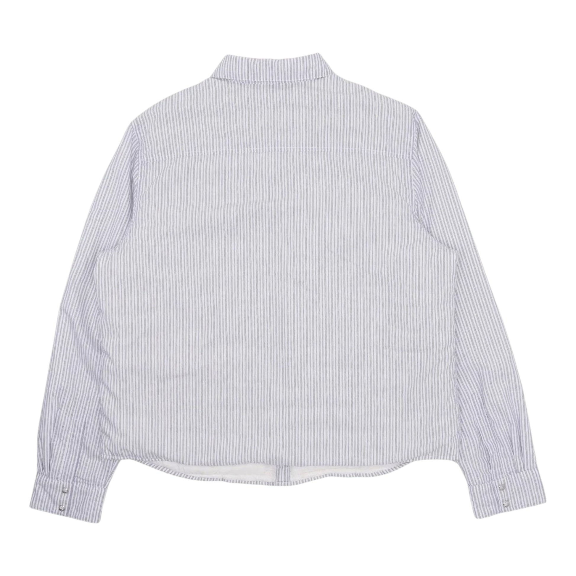 OFFCODE.USA Chrome Hearts blue and white striped insulated shirt jacket with button cuffs, back view