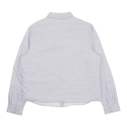 OFFCODE.USA Chrome Hearts blue and white striped insulated shirt jacket with button cuffs, back view