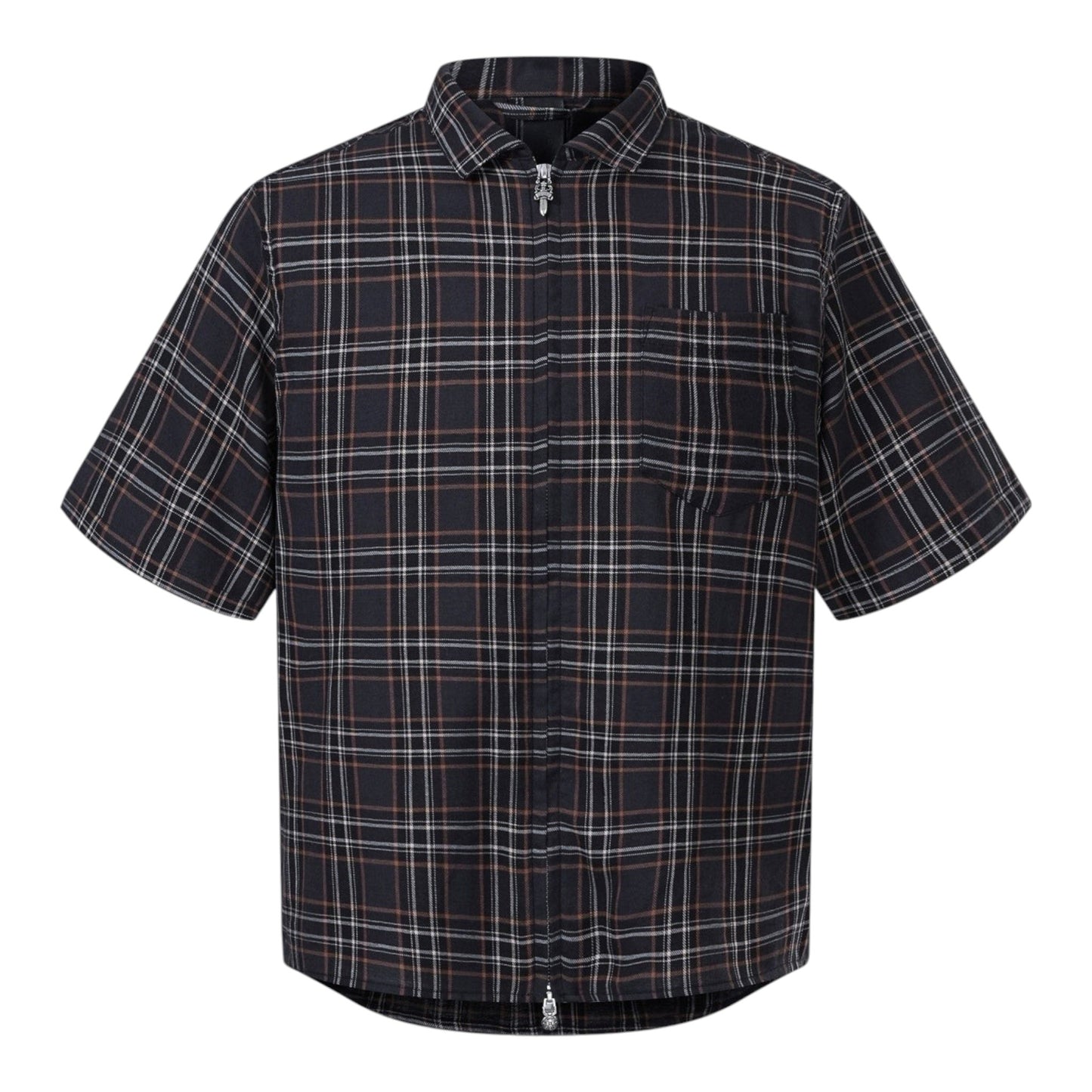 OFFCODE.USA Chrome Hearts short-sleeve shirt in black tartan plaid with a silver sword zipper pull and chest pocket.