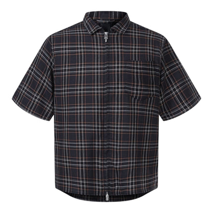 OFFCODE.USA Chrome Hearts short-sleeve shirt in black tartan plaid with a silver sword zipper pull and chest pocket.
