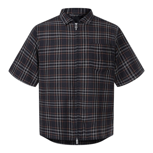 Chrome Hearts Tartan Sword Zipper Short-Sleeve Shirt, front view