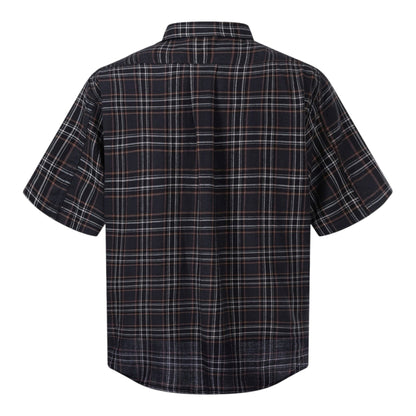OFFCODE.USA Chrome Hearts short-sleeve shirt in a dark tartan plaid pattern with a classic collar, back view.