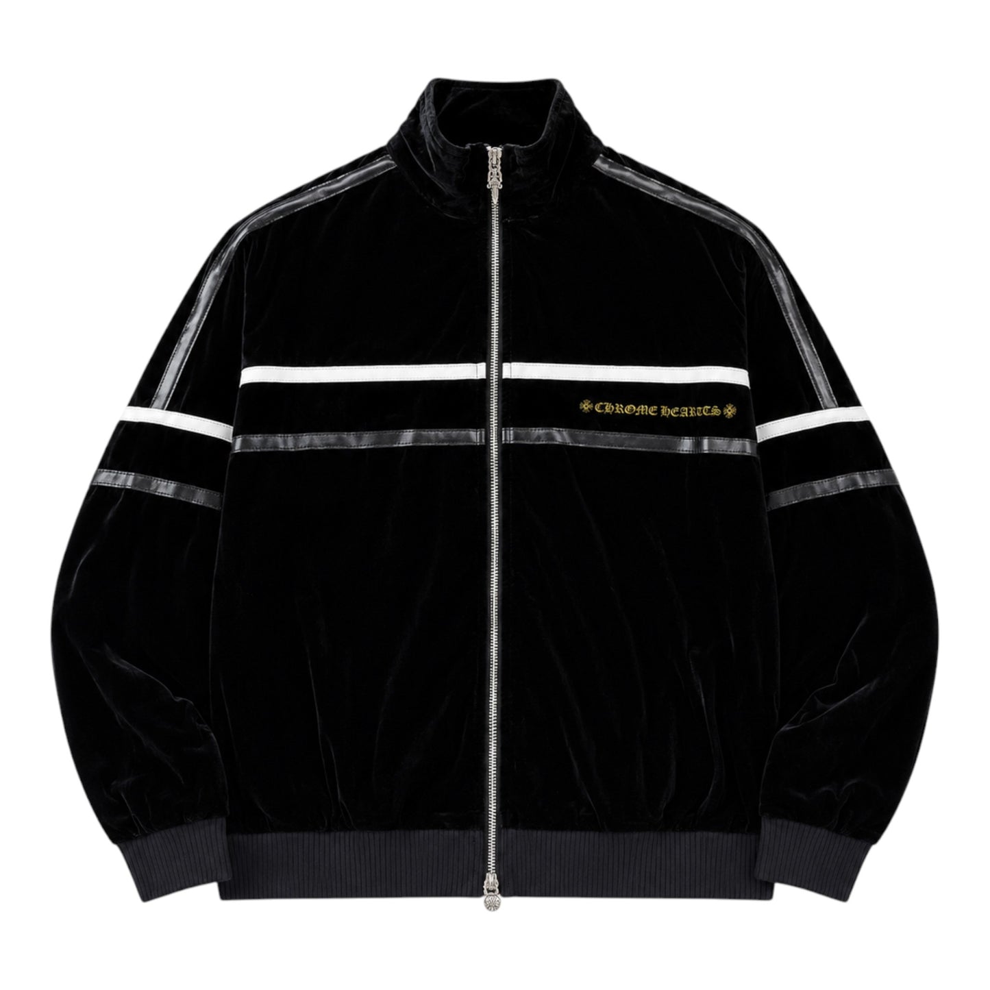 OFFCODE.USA Chrome Hearts black velour track jacket with white stripes, leather detailing, and silver zipper pull.