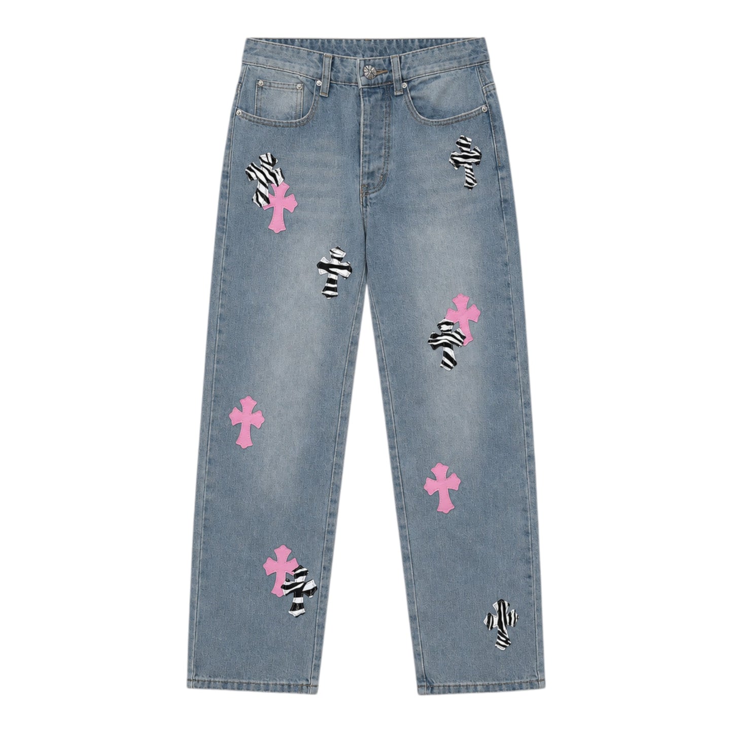 OFFCODE.USA Chrome Hearts Levi's jeans in light wash denim featuring pink and zebra print cross patches.