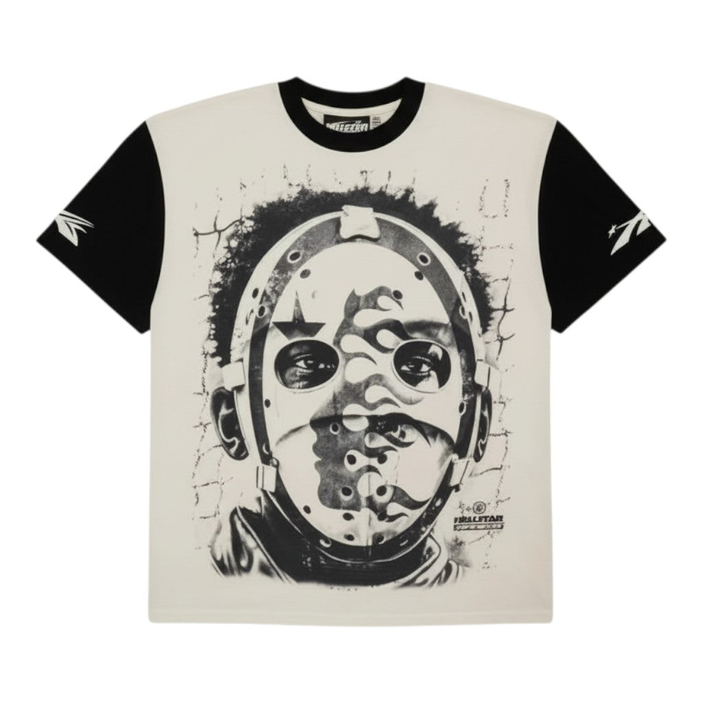 OFFCODE.USA cream and black short-sleeved t-shirt with a graphic print of a person wearing a hockey mask with flames.