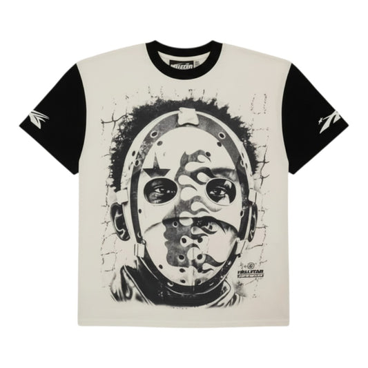 OFFCODE.USA cream and black short-sleeved t-shirt with a graphic print of a person wearing a hockey mask with flames.