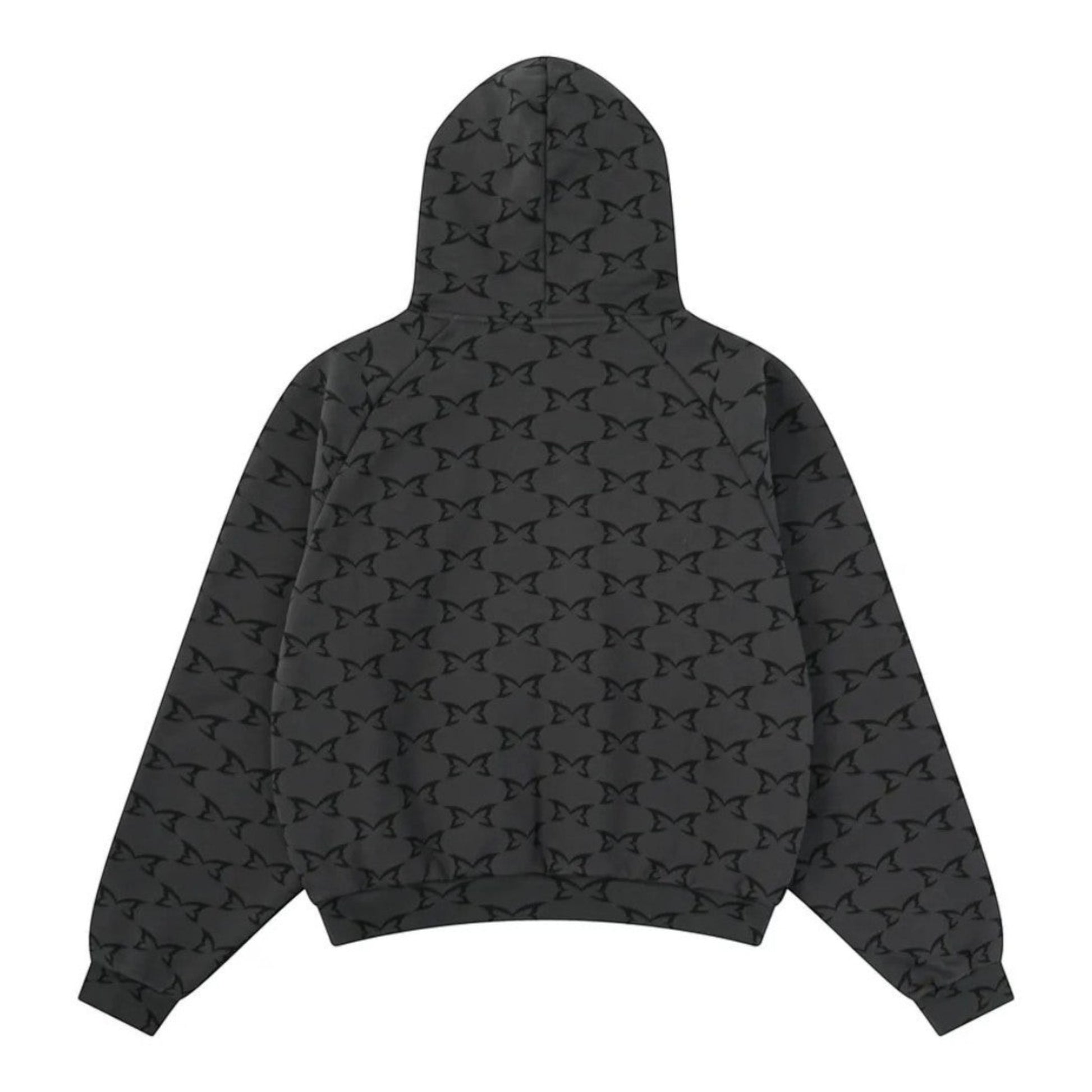 OFFCODE.USA dark grey hoodie with all-over digital printed monogram pattern, seamless hood, boxy fit.