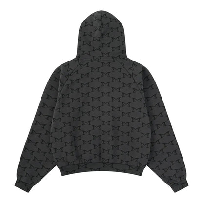 OFFCODE.USA dark grey hoodie with all-over digital printed monogram pattern, seamless hood, boxy fit.