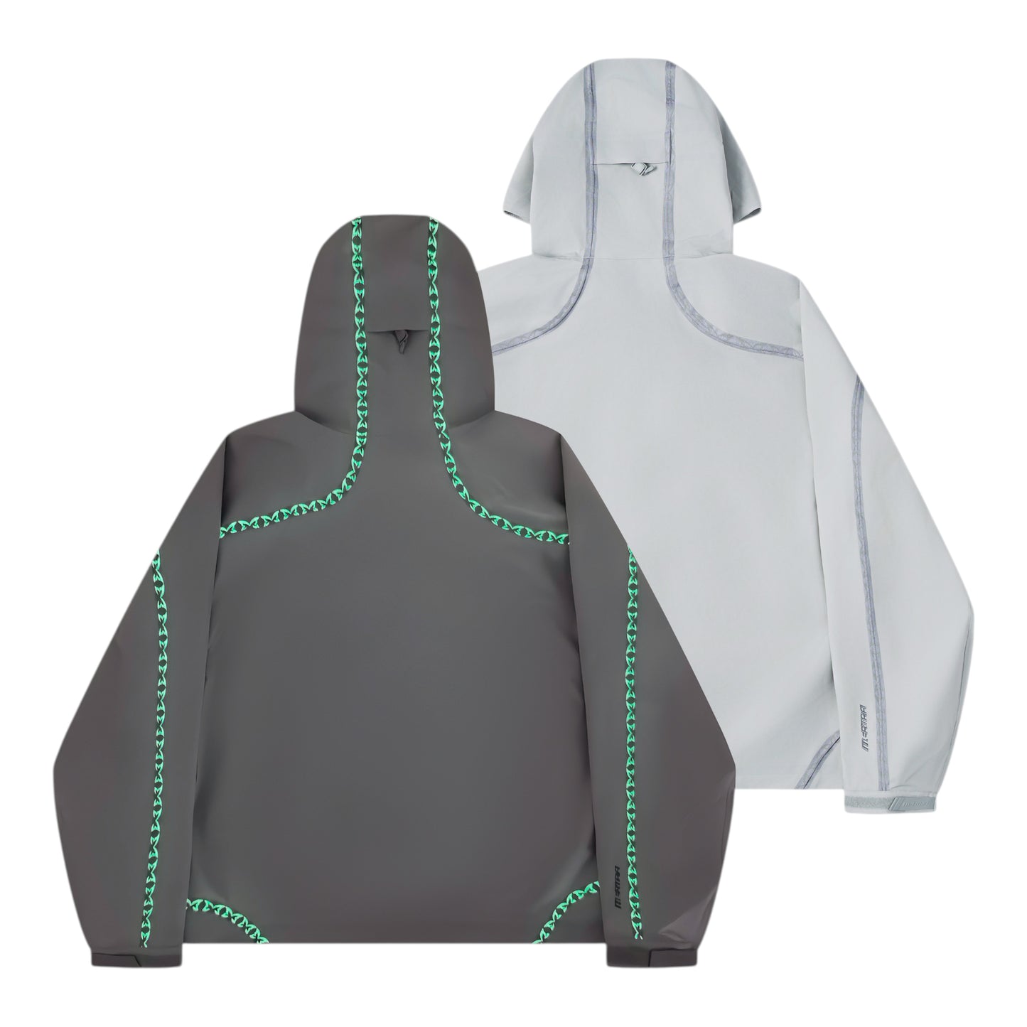 OFFCODE.USA dark grey 3L waterproof polyamide shell jacket with glow-in-the-dark seam taping and monogram logos.