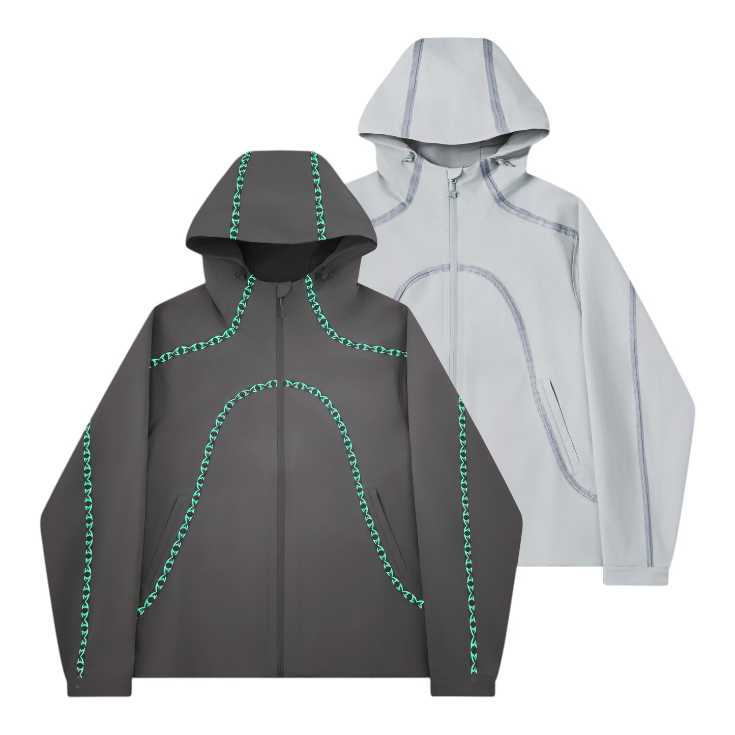 OFFCODE.USA dark grey 3L waterproof polyamide shell jacket with glow-in-the-dark seam taping and logos.
