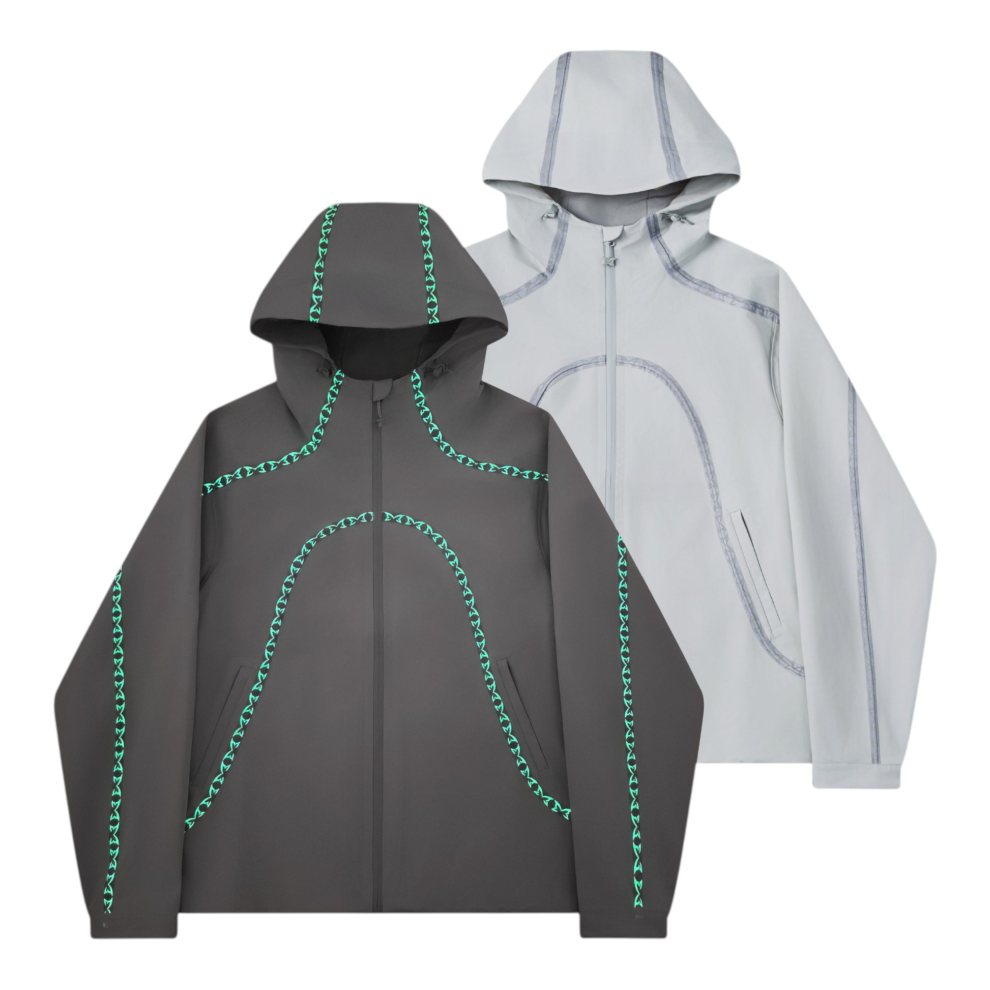 OFFCODE.USA dark grey 3L waterproof polyamide shell jacket with glow-in-the-dark seam taping and logos.