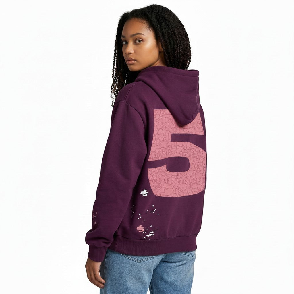 OFFCODE.USA dark purple cotton blend hoodie with oversized cracked '5' graphic on back and spray paint details.