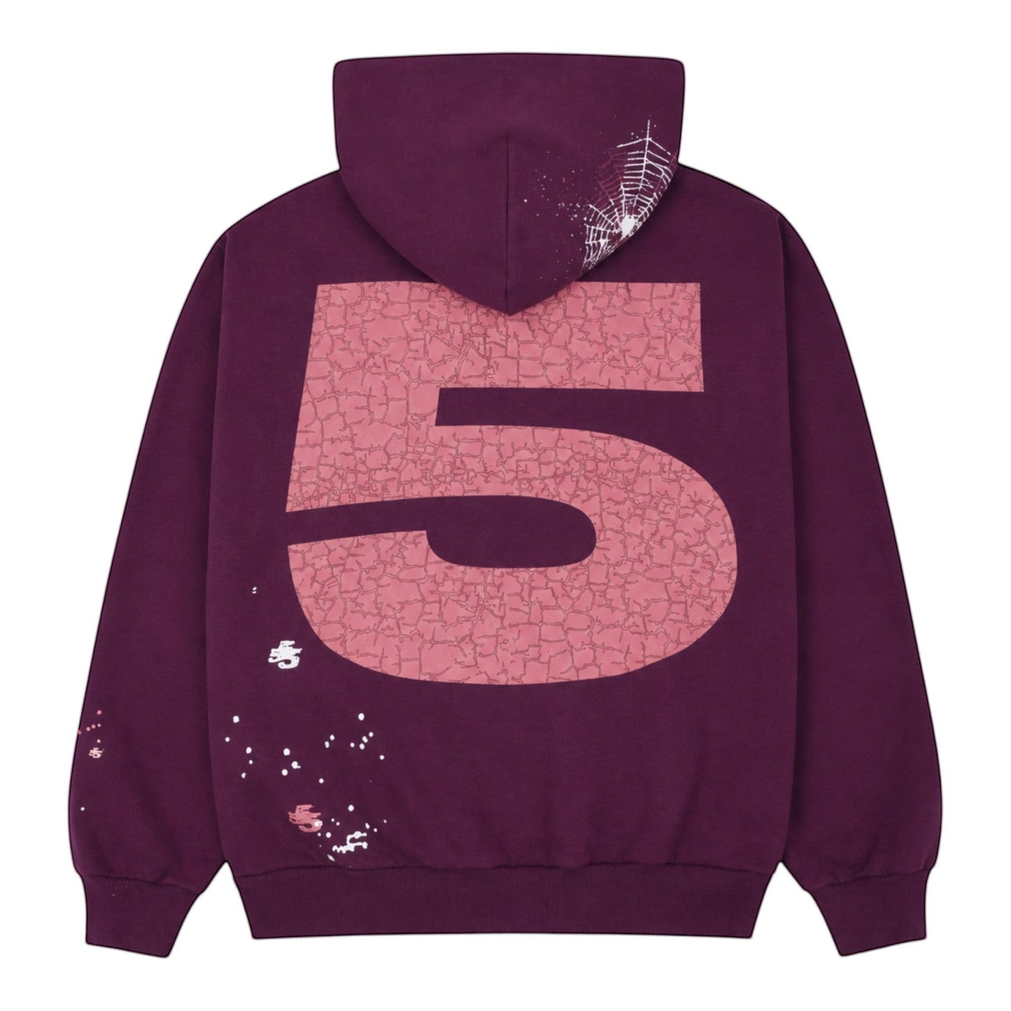 OFFCODE.USA dark purple cotton blend hoodie with oversized cracked '5' graphic on back and spiderweb detail.