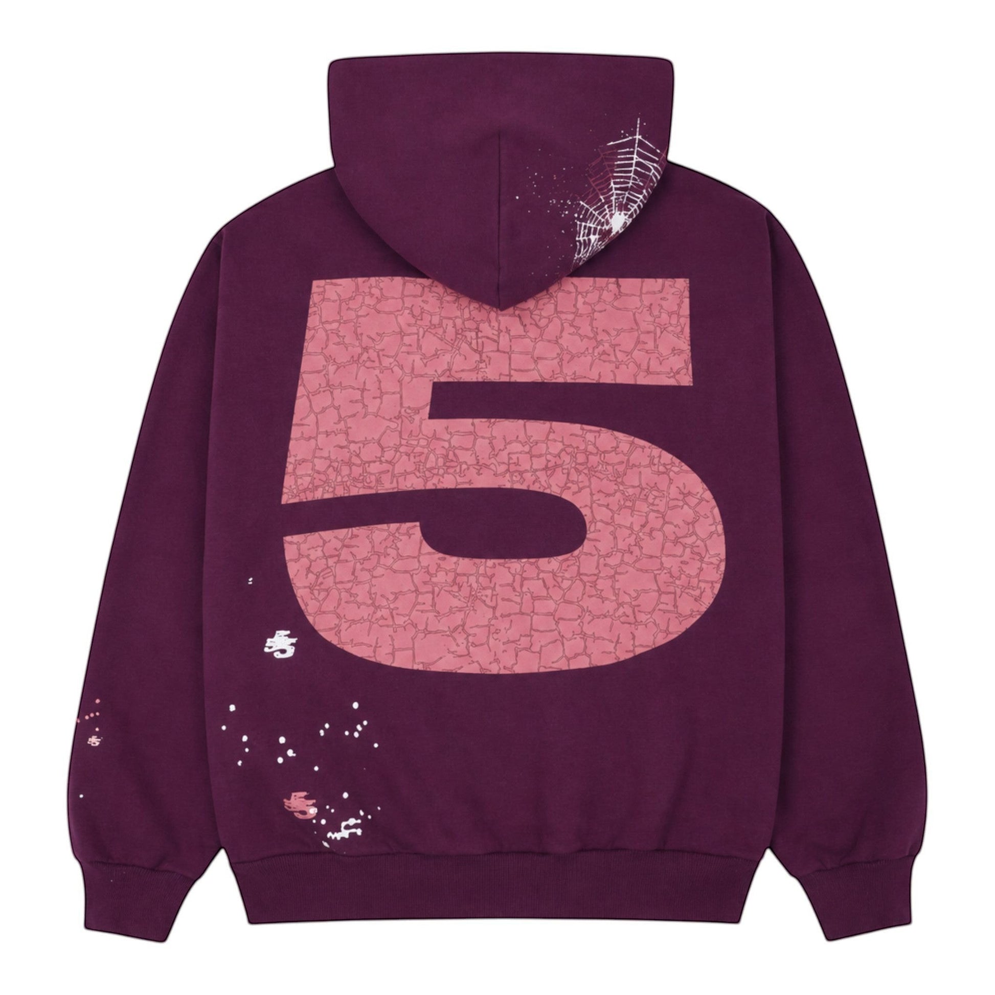 OFFCODE.USA dark purple cotton blend hoodie with oversized cracked '5' graphic on back and spiderweb detail.