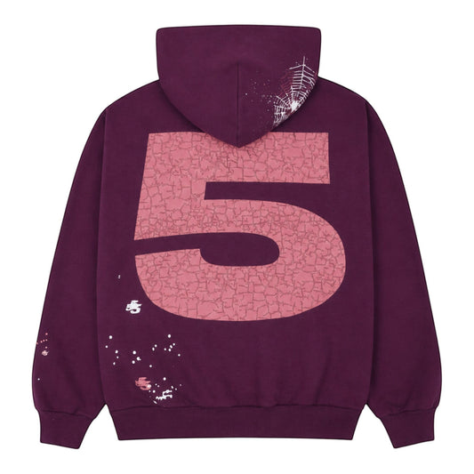 OFFCODE.USA dark purple cotton blend hoodie with oversized cracked '5' graphic on back and spiderweb detail.