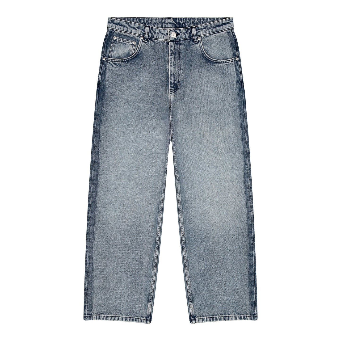 OFFCODE.USA gallery washed indigo denim jeans with baggy fit and embroidered back pockets.