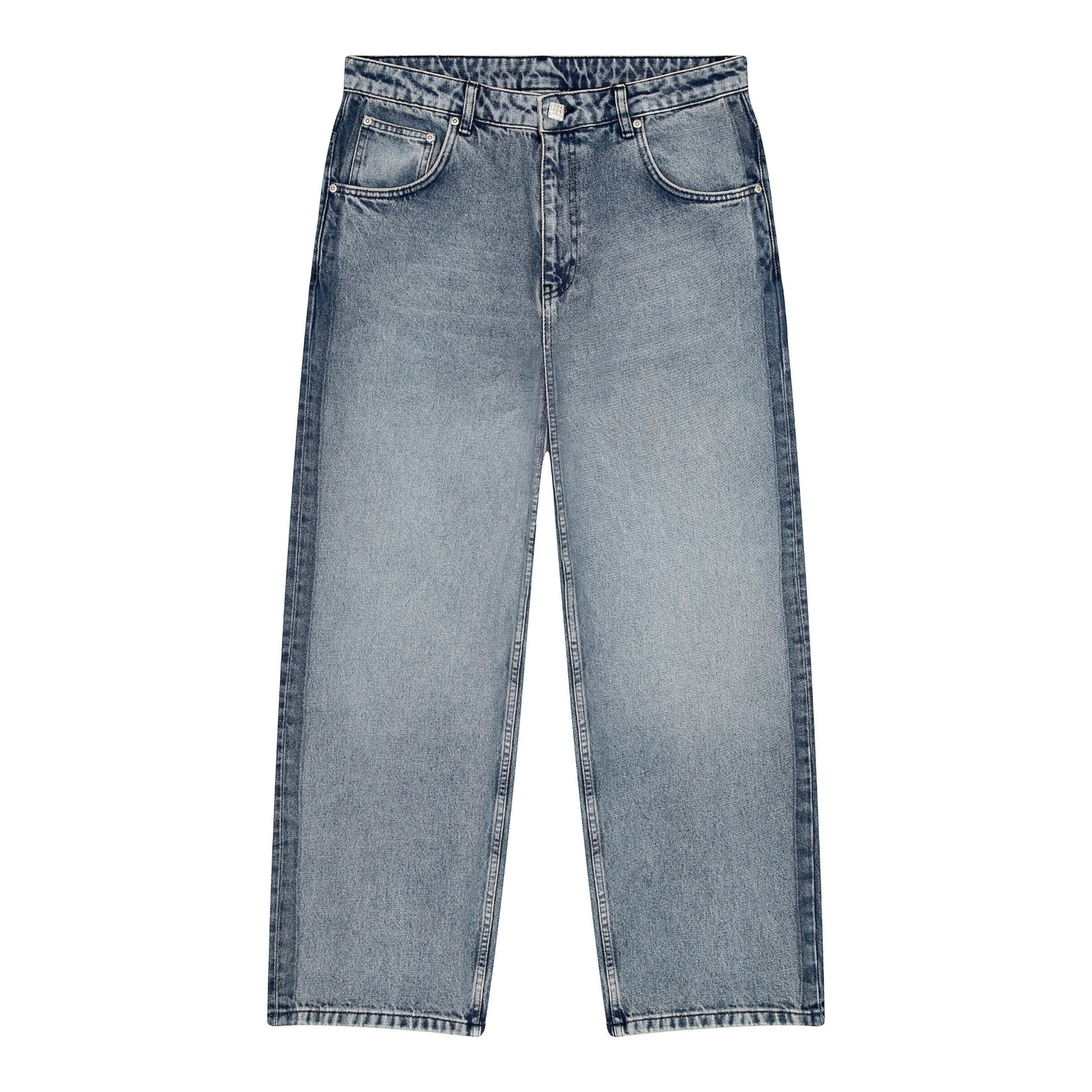 OFFCODE.USA gallery washed indigo denim jeans with baggy fit and embroidered back pockets.