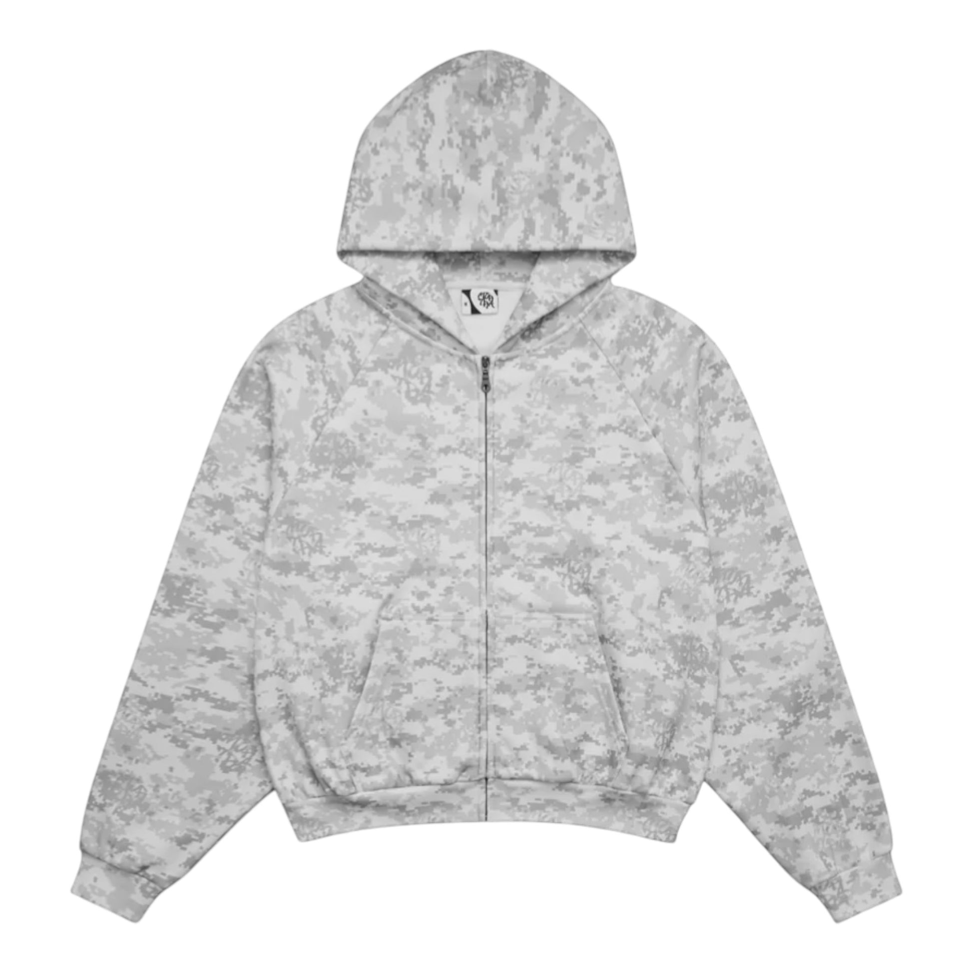 OFFCODE.USA Glitch Hood zip-up hoodie in light grey digital camouflage pattern, 100% cotton with seamless hood and boxy fit.