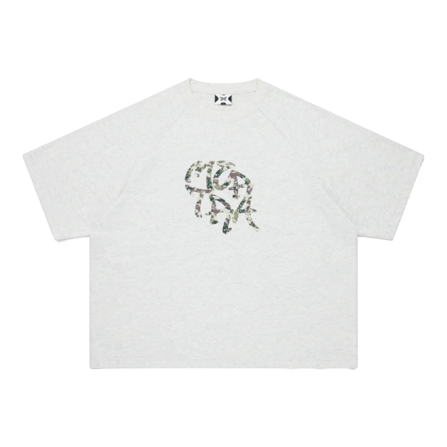 OFFCODE.USA Glitch Tee: light grey 100% cotton t-shirt with a camouflage graphic print and boxy, cropped fit.