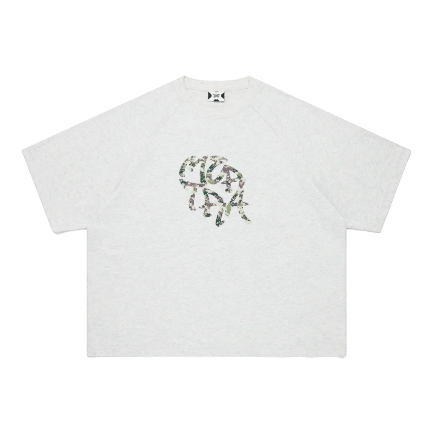 OFFCODE.USA Glitch Tee: light grey 100% cotton t-shirt with a camouflage graphic print and boxy, cropped fit.