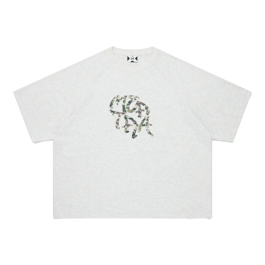 OFFCODE.USA Glitch Tee: light grey 100% cotton t-shirt with a camouflage graphic print and boxy, cropped fit.