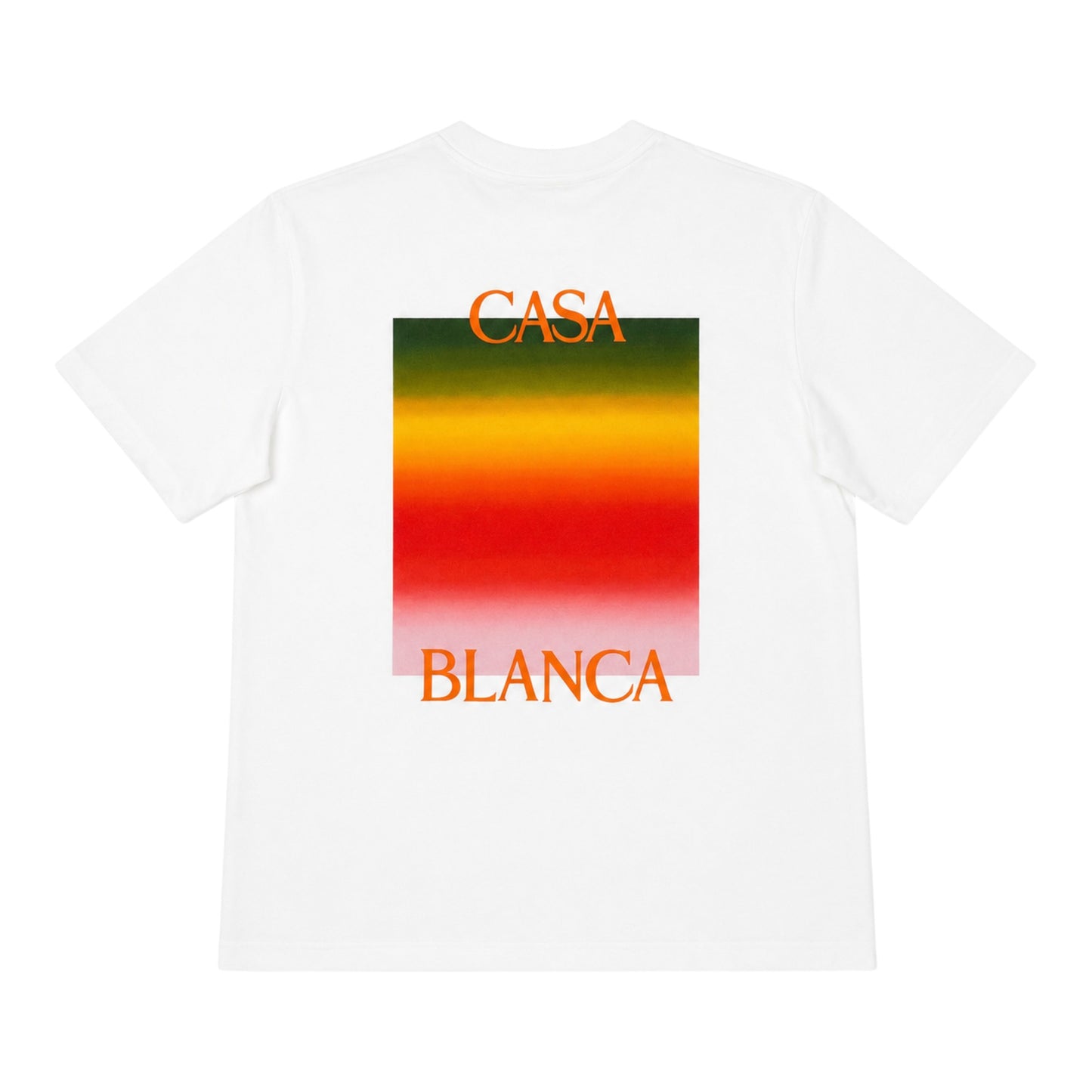 OFFCODE.USA white short sleeve t-shirt with a gradient graphic and "CASA BLANCA" text.