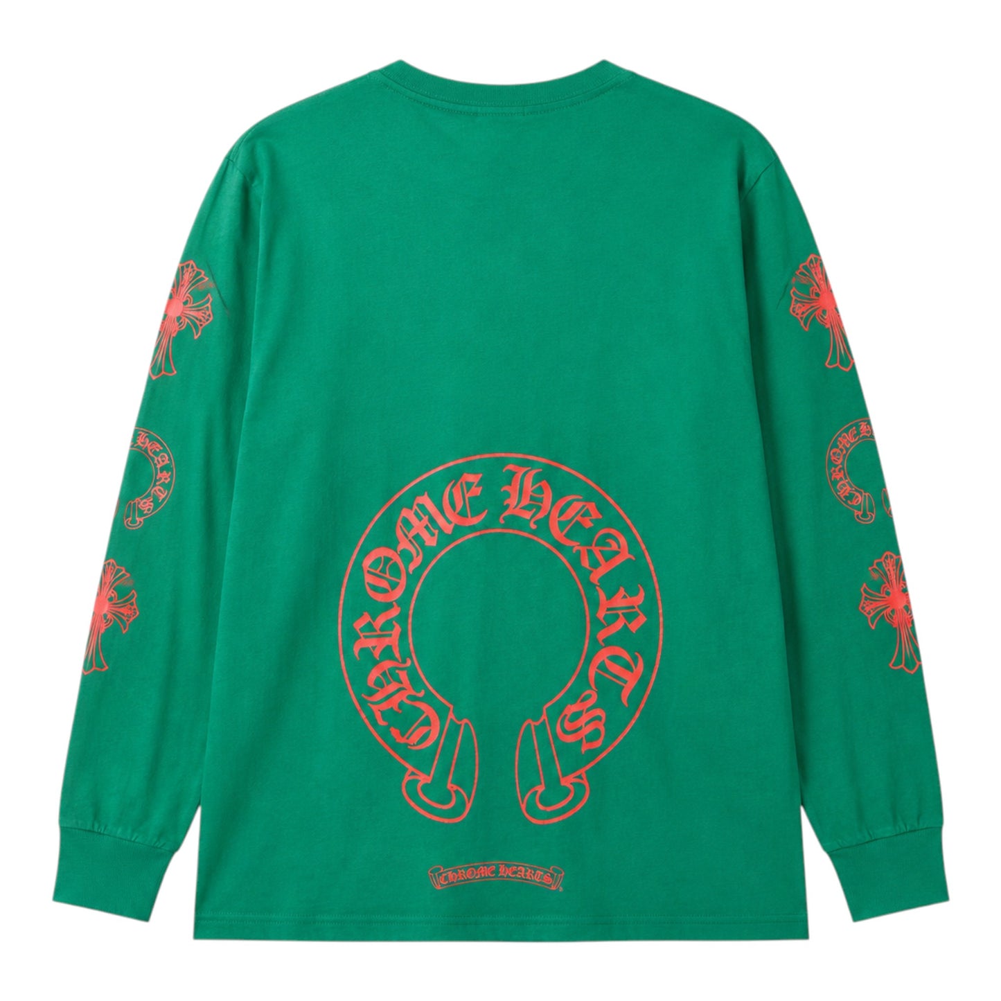 OFFCODE.USA green long sleeve t-shirt featuring a large red horseshoe logo on the back and cross prints on sleeves.