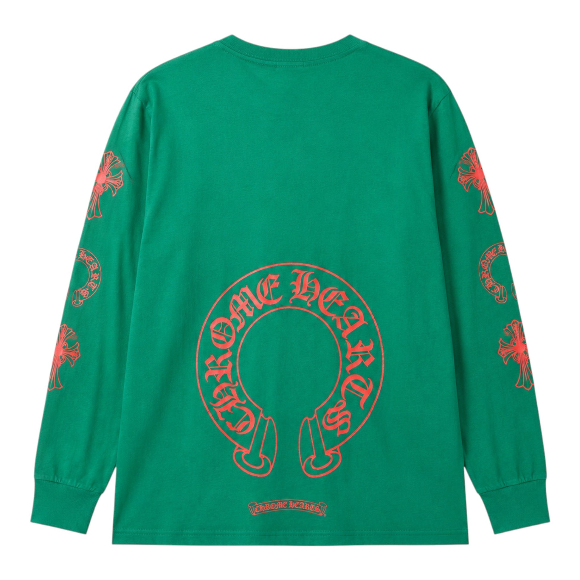 OFFCODE.USA green long sleeve t-shirt featuring a large red horseshoe logo on the back and cross prints on sleeves.